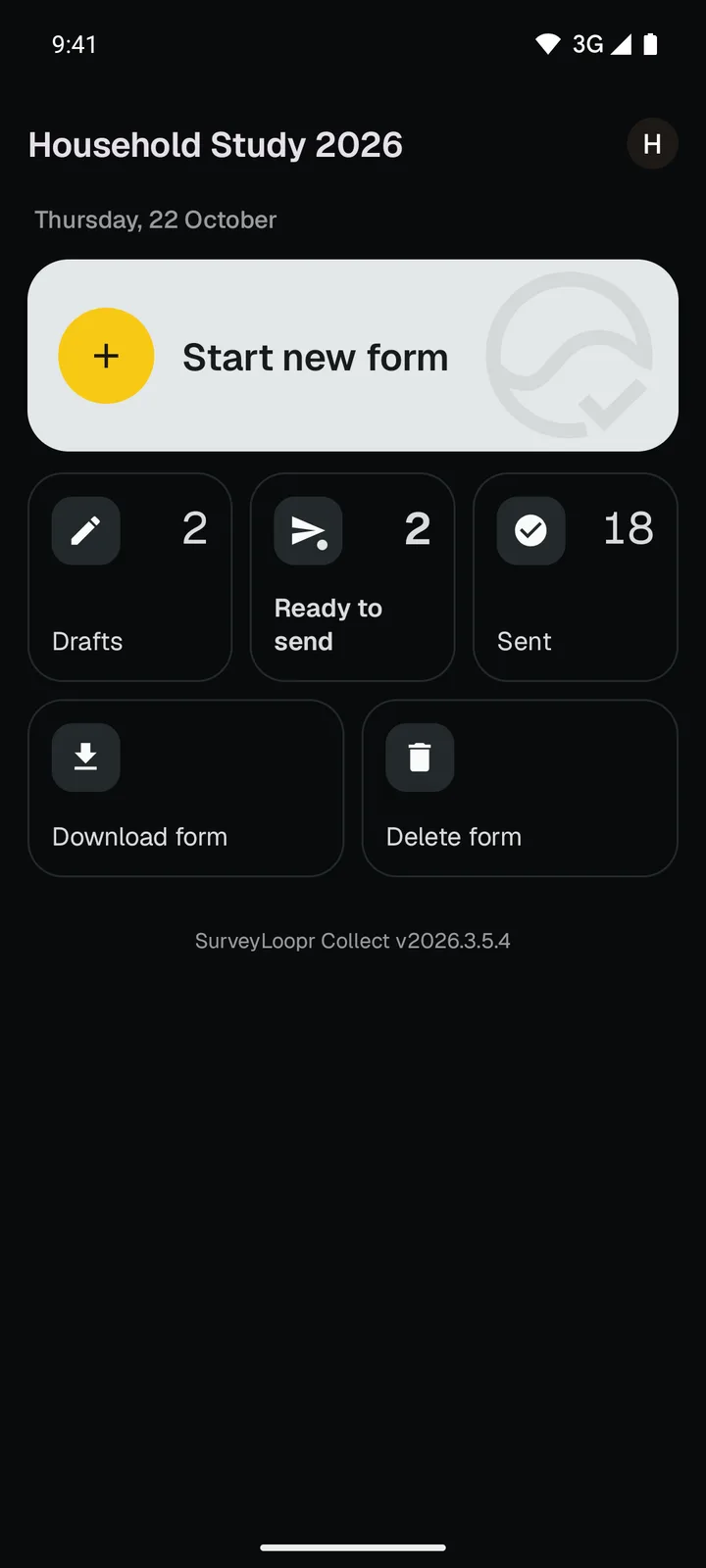 The SurveyLoopr Collect home screen in dark mode