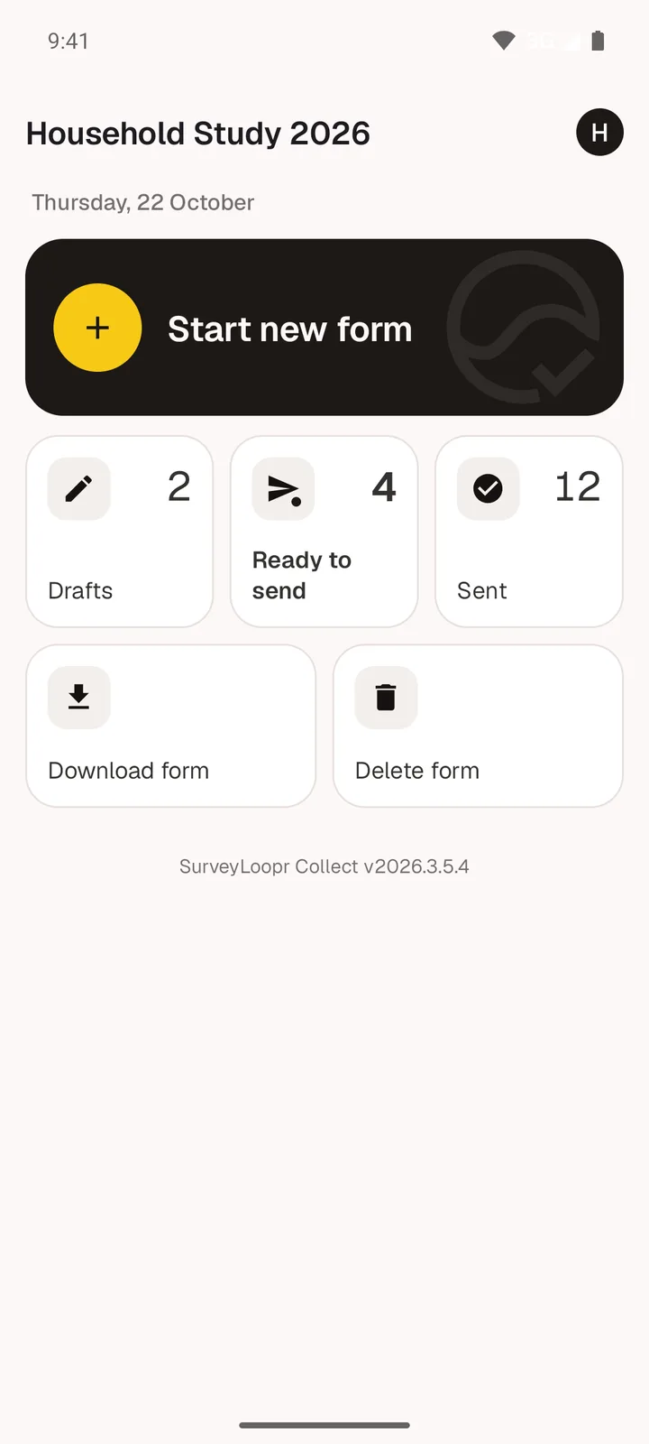 SurveyLoopr Collect home screen with drafts, forms ready to send and sent forms