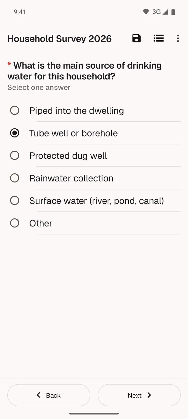 A household survey question about the main source of drinking water