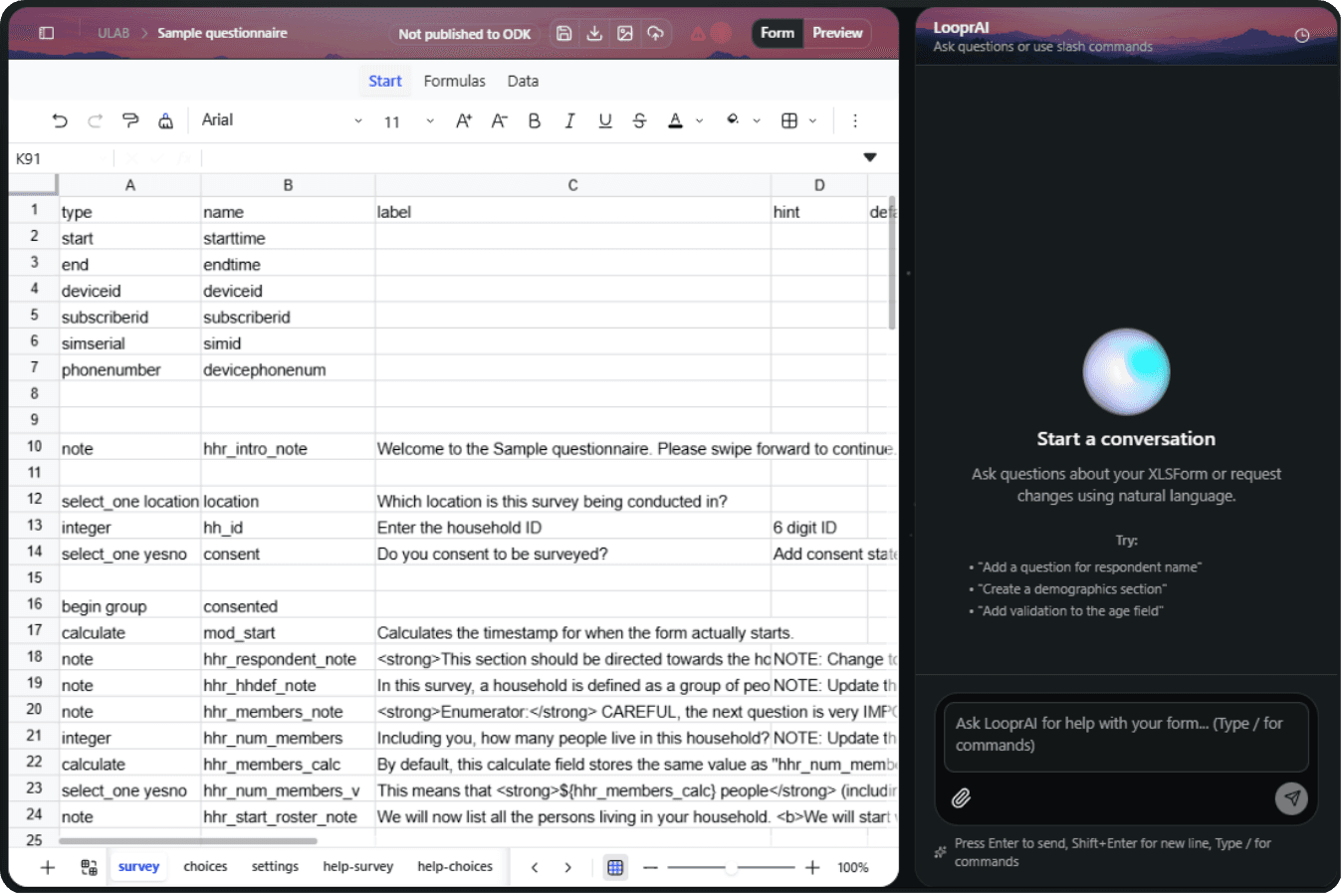 The LooprAI workspace with an XLSForm workbook open on the left and the AI chat panel open on the right