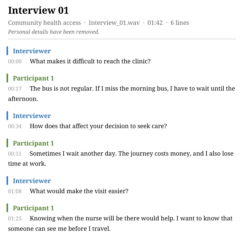 An exported interview transcript with clearly labeled Interviewer and Participant turns and timestamps